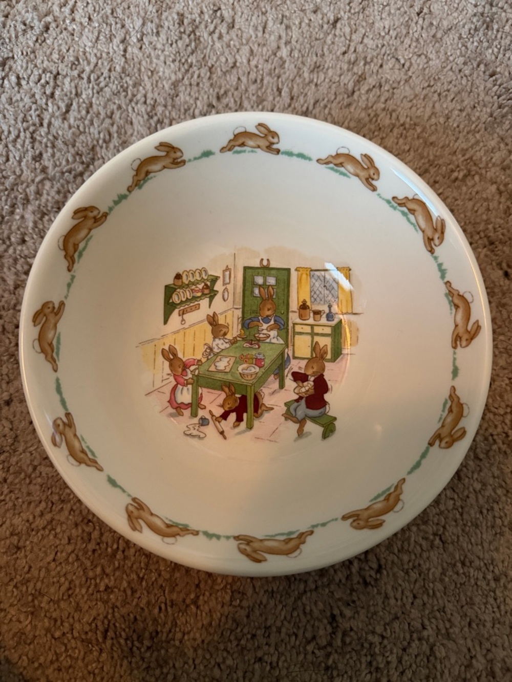 Vintage Bunny Scene Ceramic Bowl with Pastel Accents Bunnykins bowl and cup